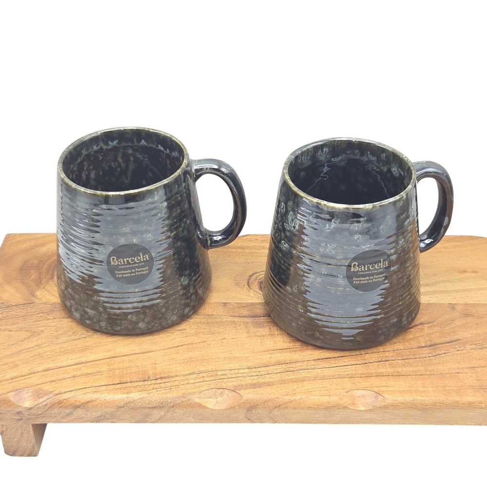 Barcela Handmade Stoneware Mug Set 2 Dark Olive Ribbed Reactive Glaze Portugal
